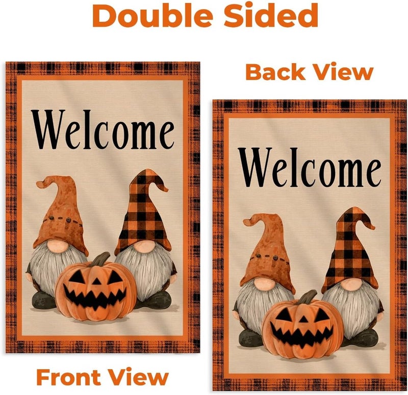 KarvePro Welcome Halloween Garden Flag with Gnome and Pumpkin – 12x18 Double Sided Burlap Halloween Flag for Outside – Fall Yard Decor for Garden or Porch - Image 4